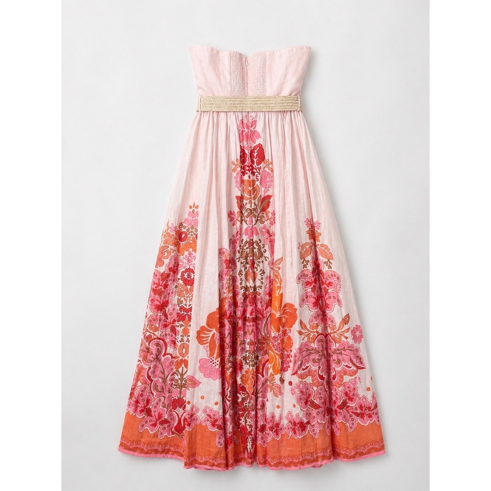 Zimmermann Violet Strapless Pink Linen Maxi Dress Belted Pockets AU 0 | US 4 - Picture 5 of 8
